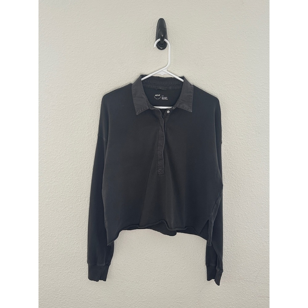 Aerie Charcoal Grey Cotton Knit Oversized Polo Henley Cropped Sweatshirt Small